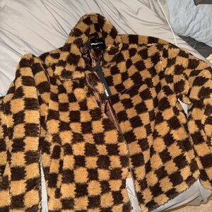 Fashion Nova Brown and Tan Checkered Bomber Jacket